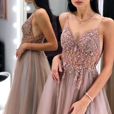 Sexy Straps Brown Tulle Long Prom Dress with Slit cg6034