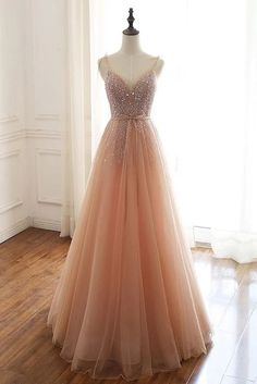 Champagne tulle lace long prom dress, champagne evening dress cg6036