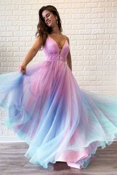 Chic Ombre Spaghetti Straps V Neck Beaded Graduation Gowns, Long Prom Dresses cg6048