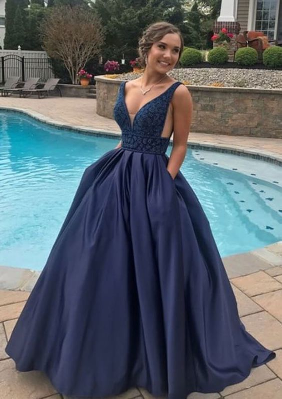 Unique v neck dark blue long prom dress, blue evening dress cg6051