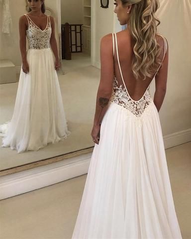 Charmantes durchsichtiges Chiffon-Abendkleid mit V-Ausschnitt und Spitzenmieder, rückenfrei mit Schleppe, Strand-Brautkleid cg6055