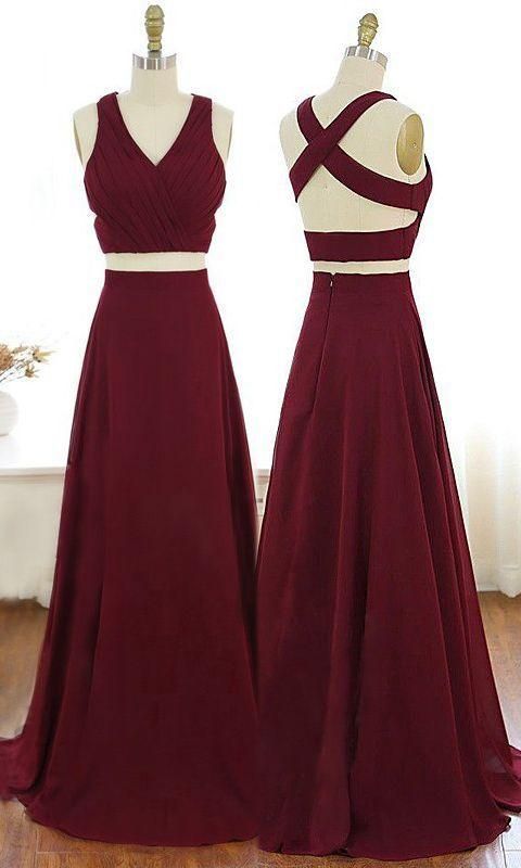 V-Neck Burgundy Party Dress Criss-Cross Straps Chiffon Two Piece Prom Dress cg6059