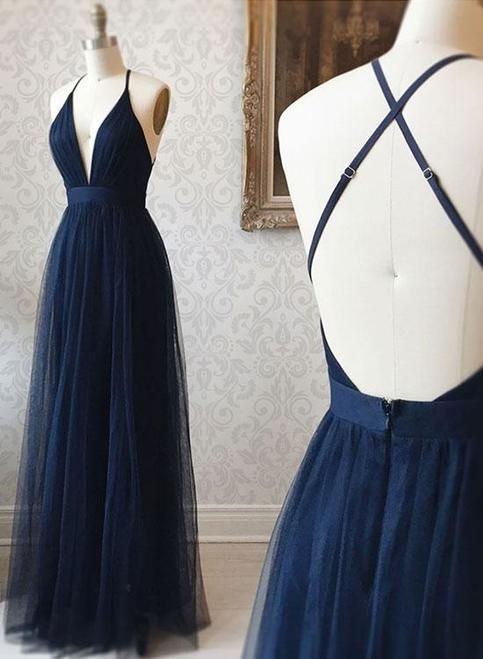 A-Linie V-Ausschnitt Marineblau Rückenfreies Ballkleid, Dunkelmarineblau Rückenfreies Tüll Abendkleid cg606