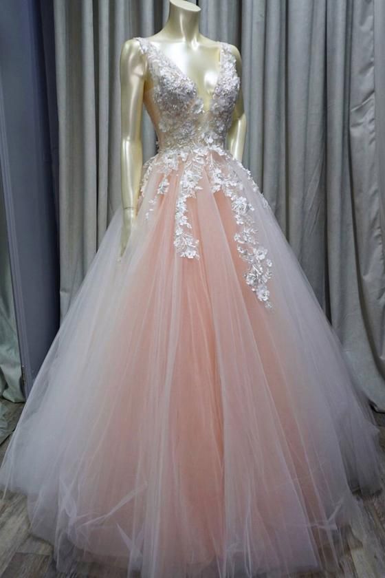 Pink v neck tulle lace applique long prom dress, pink tulle evening dress cg6072