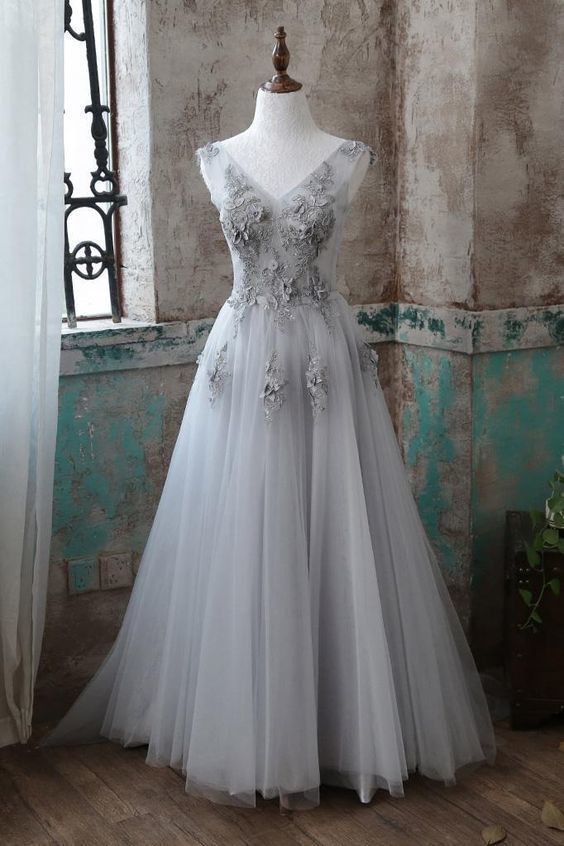 Gray v neck lace applique tulle long prom dress cg6077