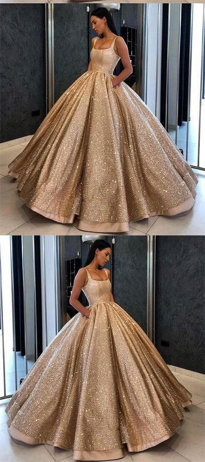 Ballkleid Pailletten Gold Quinceanera Kleid Sweet 16 Kleider Mit Tasche, bescheidenes Abschlussballkleid cg608