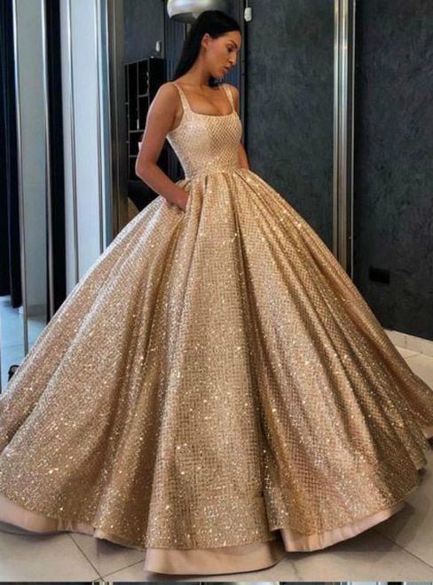 Ballkleid Pailletten Gold Quinceanera Kleid Sweet 16 Kleider Mit Tasche, bescheidenes Abschlussballkleid cg608