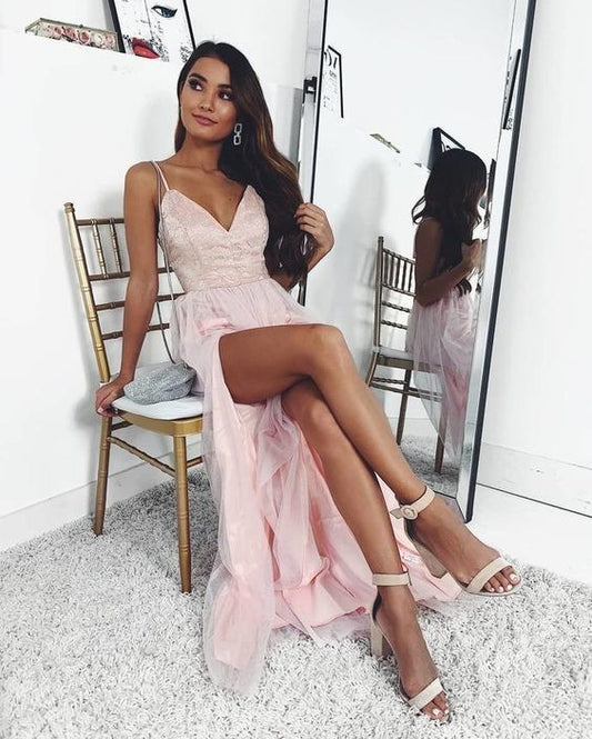 Fantasy V-Ausschnitt Rosa Tüll Spitze Ballkleid, Langes Abendkleid cg6087