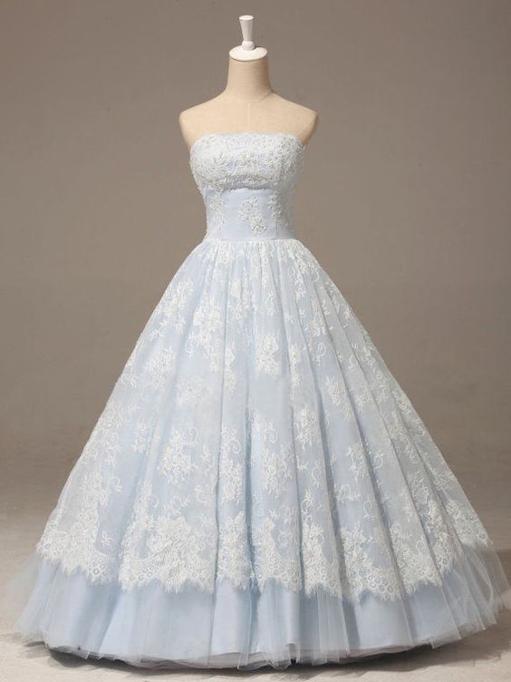 Baby Blue Prom Dress Strapless A-line Lace Applique Quinceañera Dress cg6089