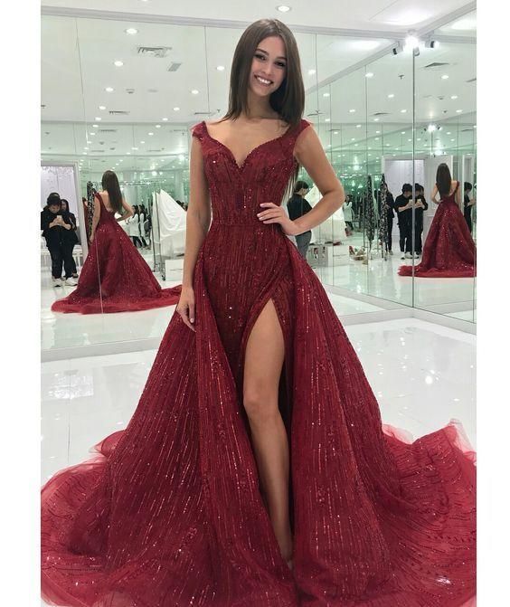 A line burgundy prom dress with side slit cg6108