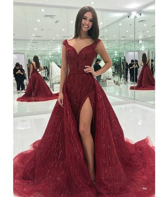 Burgunderrotes A-Linien-Ballkleid mit Seitenschlitz cg6108