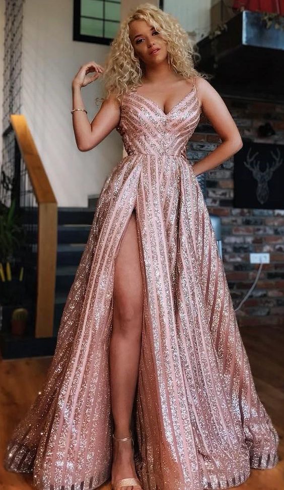 Stylish V-neck Sleeveless Split Champagne Sequined Prom Dress cg6111