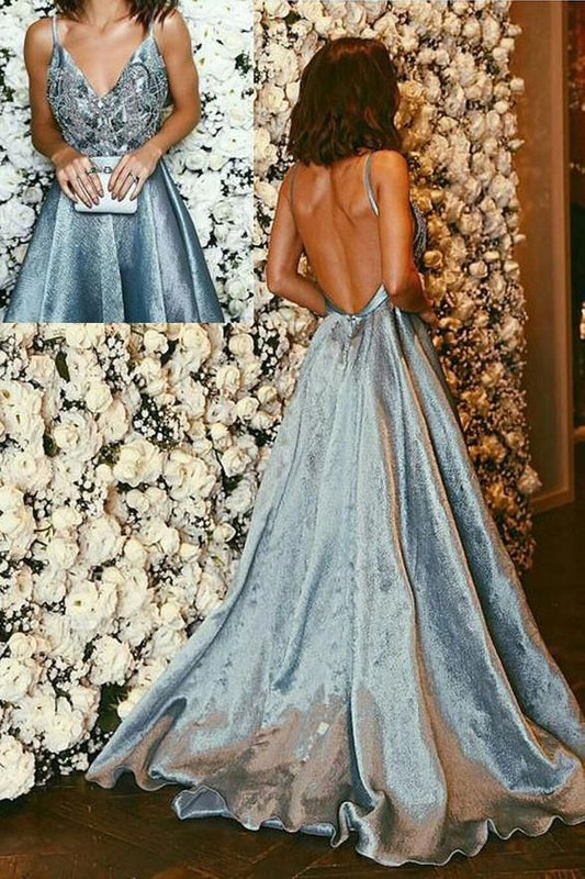 Luxuriöses A-Linien-Träger-Abendkleid in Blau, sexy rückenfreies, perlenbesetztes, tiefes V-Ausschnitt-Ballkleid cg614