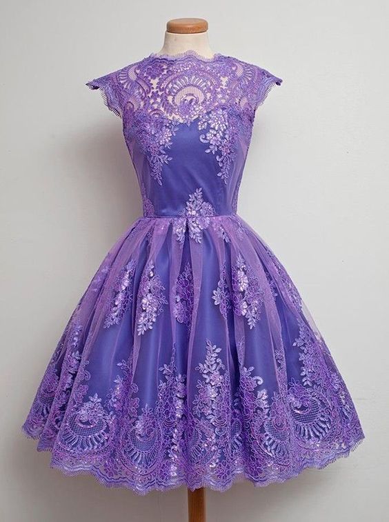 Glamorous A-Line Jewel Cap Sleeves Grape Tulle Homecoming Dress with Appliques cg6148