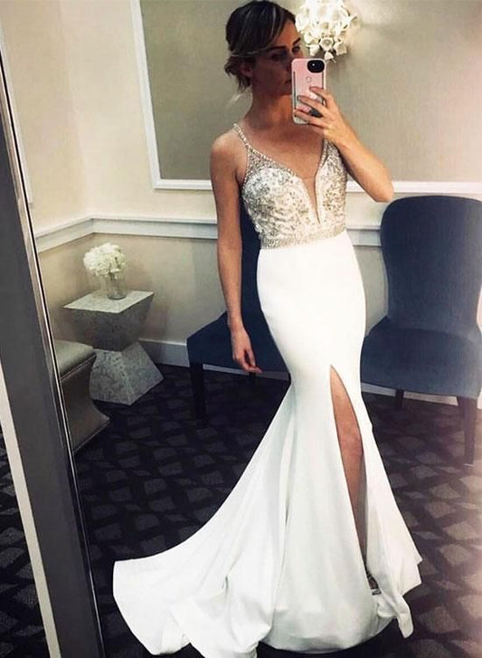 Weißes langes Ballkleid mit V-Ausschnitt, Meerjungfrau-Abendkleid cg6150
