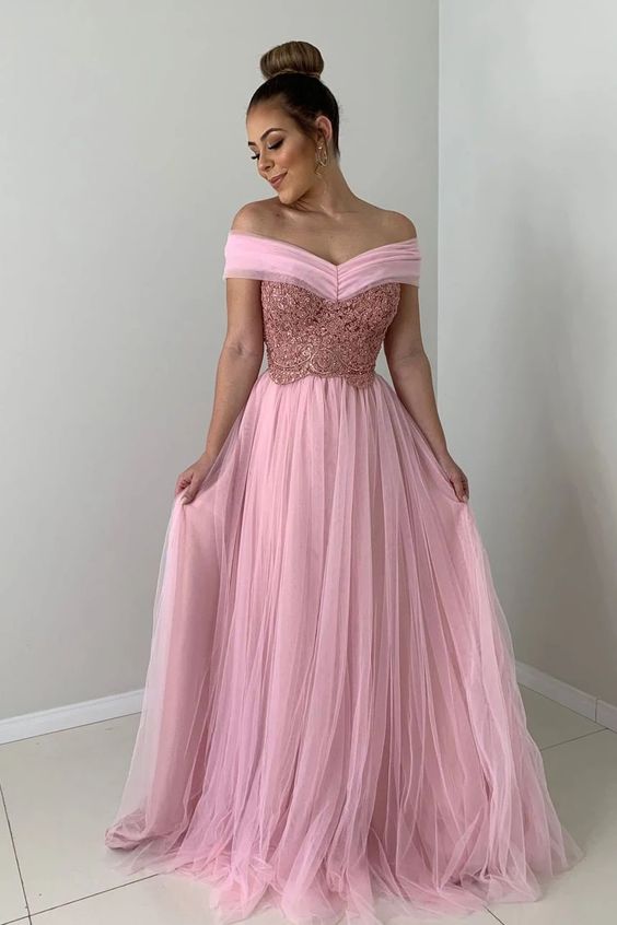 A-line Off the Shoulder Pink Tulle Long Prom Dress with Lace Appliques cg6166