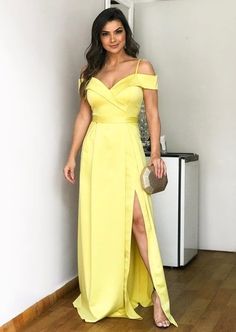 Gelbes Ballkleid mit Schlitz, schulterfreies Abendkleid cg6169