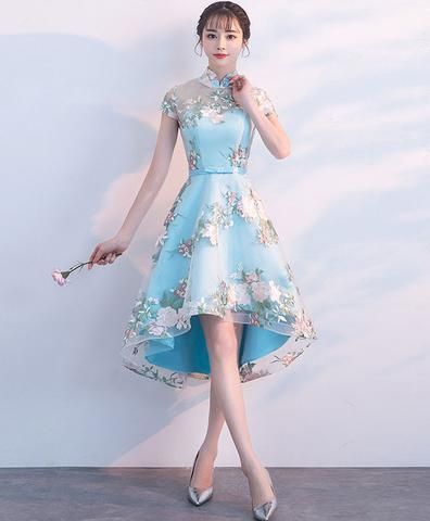 Einzigartiges blaues kurzes Ballkleid mit Tüllstickerei, blaues Abendkleid cg6224