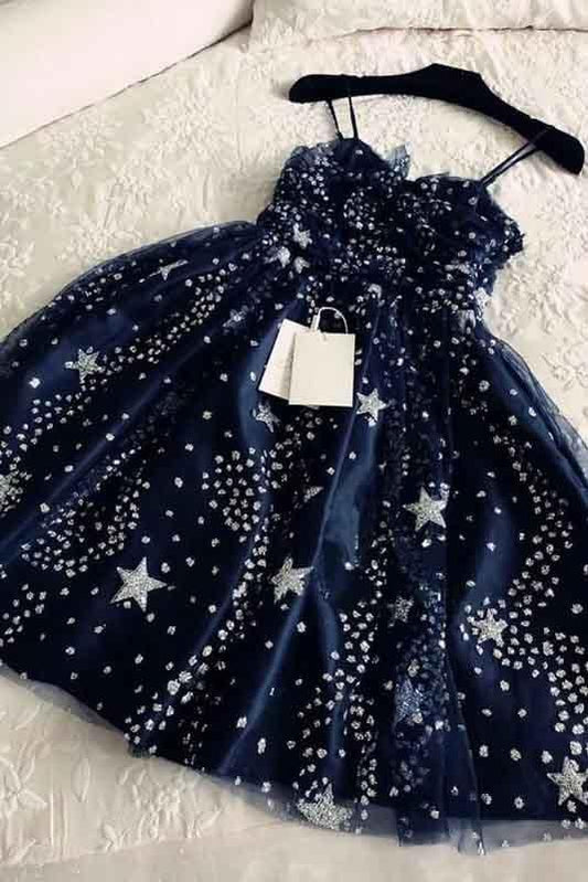 Spaghettiträger Marineblau Tüll Sweetheart Homecoming Kleider, Kurze Homecoming Kleider cg623