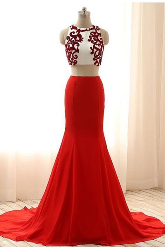 Luxus rot Chiffon zwei Stücke Applikation Rundhals Meerjungfrau langes Kleid Abendkleider cg6236