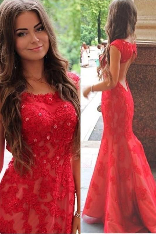 Meerjungfrau-Linie U-Ausschnitt Sweep-Schleppe Flügelärmelchen Rückenfrei Rotes Spitzen-Ballkleid cg6247