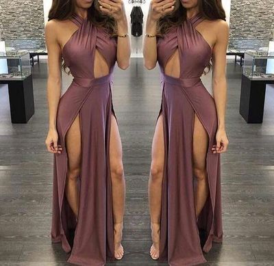 Sexy A Line Prom Dress Halter Sleeveless Side Slit Evening Formal Gowns cg6256