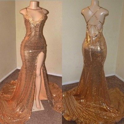 Sexy Ballkleid mit Spaghettiträgern und Schlitz in Gold mit Pailletten cg6260