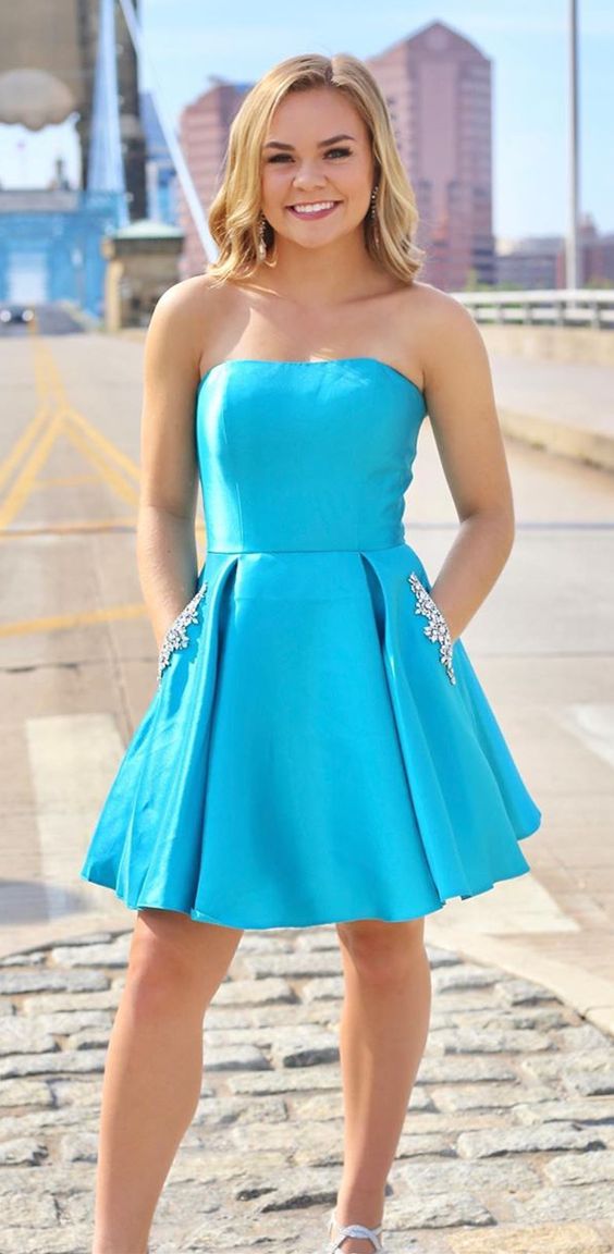 A Line Strapless Light Blue Short Homecoming Dress With Pockets Beading cg6265 A Line Strapless Light Blue Short Homecoming Dress With Pockets Beading cg6265