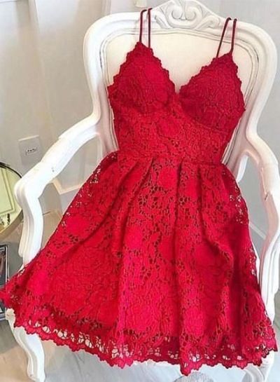 Kurzes Homecoming-Kleid mit Spaghettiträgern und Spitze, cg63