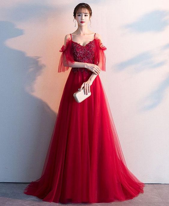 Simple Burgundy Sweetheart Tulle Lace Long Prom Dress, Burgundy Evening Dress cg6300