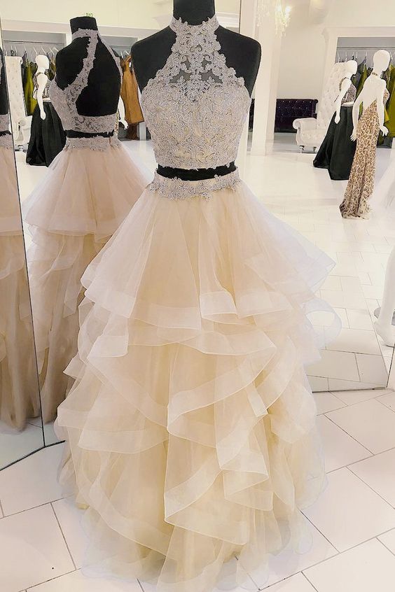 Champagne tulle two pieces long prom dress, champagne evening dress cg6331