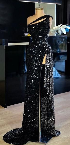 Meerjungfrau glitzernde Pailletten schwarz hochgeschlitzt sexy elegante bescheidene lange Ballkleider, Abendkleider cg6342