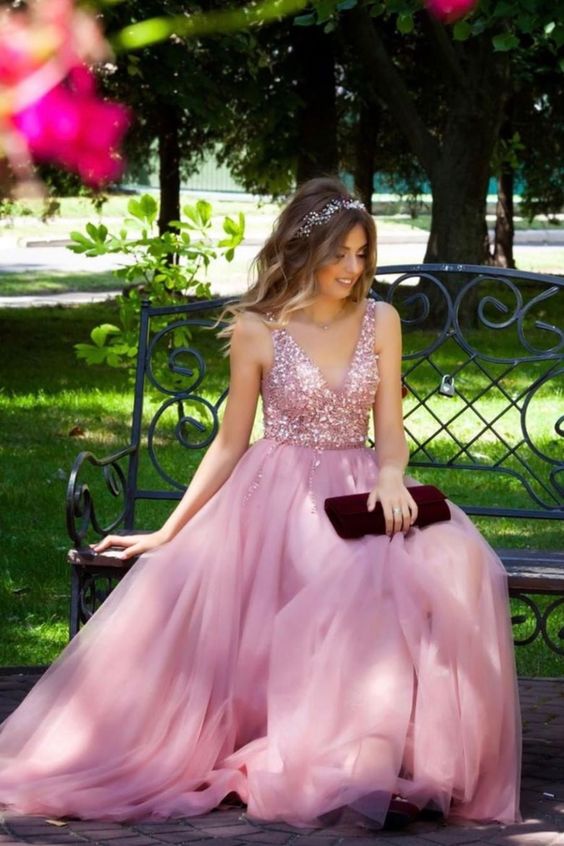 gorgeous pink formal prom gown with v neckline, sequins bodice, tulle skirt and lace up back cg6344