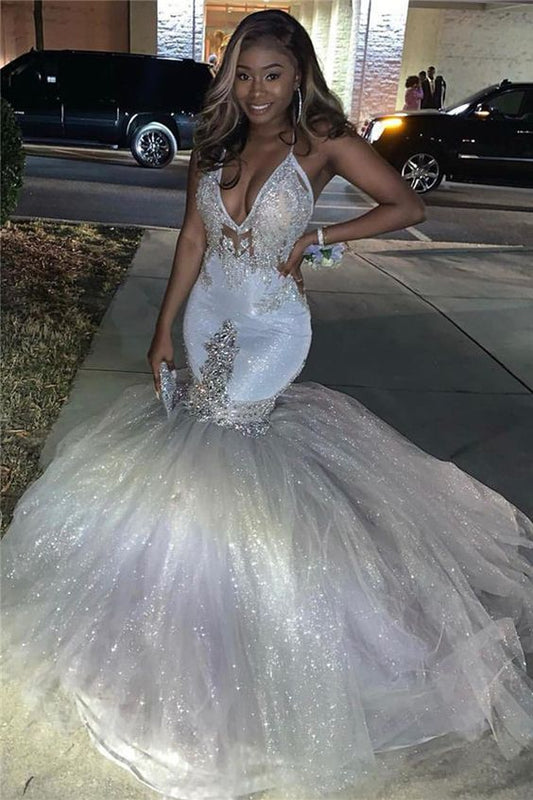 Spaghettiträger, tiefer V-Ausschnitt, silberne Pailletten, sexy Meerjungfrau-Ballkleid, cg6346