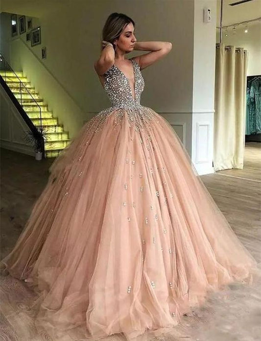 Ballkleid mit tiefem V-Ausschnitt und tiefem Ausschnitt, Champagner, Quinceanera-Kleid mit Perlen, funkelndes Ballkleid cg635