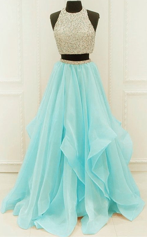 Chic Organza Ruffles Two Piece Prom Dresses With Sequins And Beads cg6374