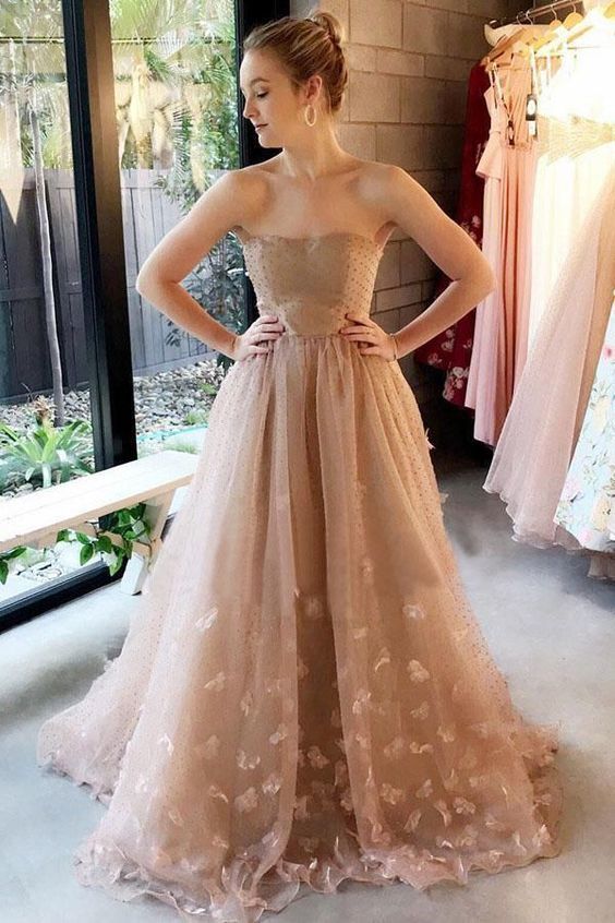 Strapless Light Brown Tulle Appliques Long Elegant Prom Dress cg6380