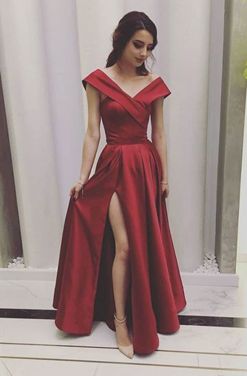 Stylish A Line V Neck Red Prom Dresses Long with Split Front Evening Dresses cg6398