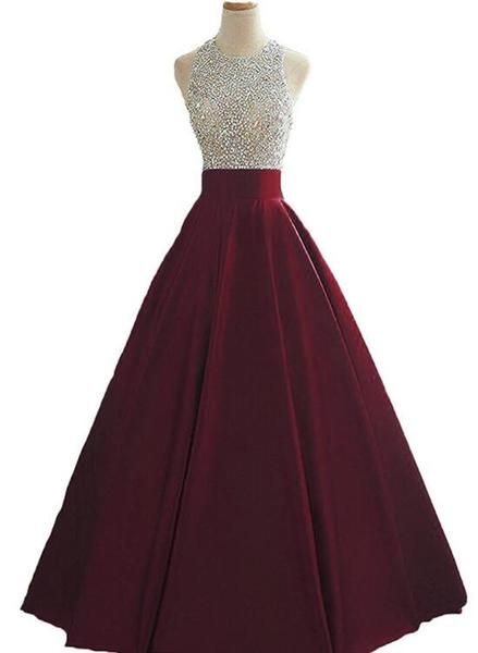 Wine Red Sequins And Beaded Backless Satin Formal Gown, Handmade Party prom Dress cg6403