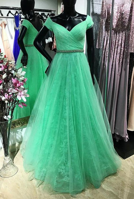 Exquisites Tüll-A-Linien-Ballkleid mit schulterfreiem Ausschnitt und bodenlangem Abschlussballkleid cg6407