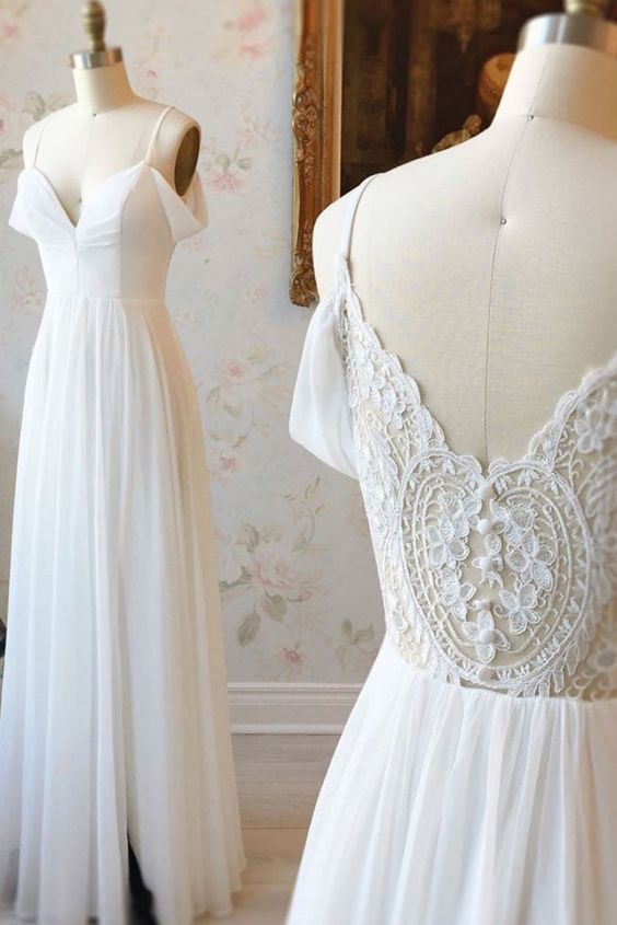 Simple white off shoulder chiffon lace long prom dress evening dress cg6417