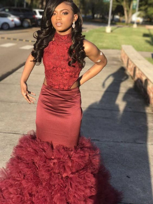 Charmantes Meerjungfrau-Burgunderrotes rückenfreies Rüschen-High-Neck-Ballkleid cg6421