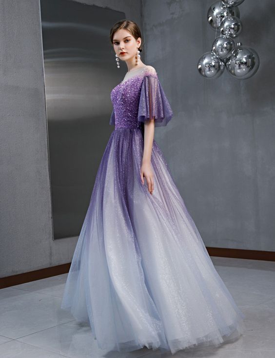 Gradient Purple Sequins Tulle Short Sleeve Long A Line Prom Dress, Evening Dress cg6423
