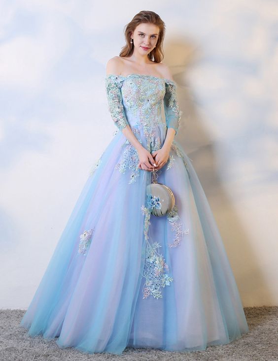 Off Shoulder Blue Tulle Strapless Long Formal Prom Dress, Lace Evening Dress cg6424