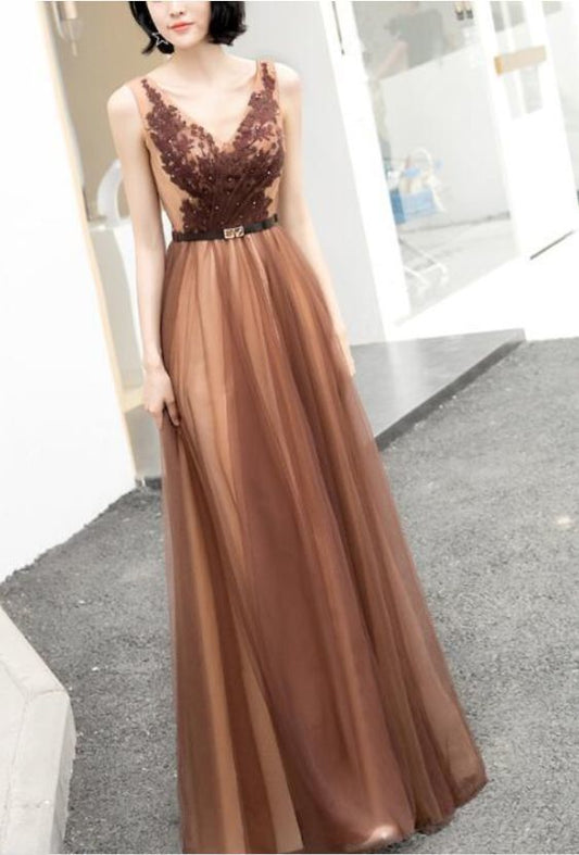 Langes Party-Ballkleid aus Tüll mit V-Ausschnitt, elegantes Abend-Partykleid cg6435