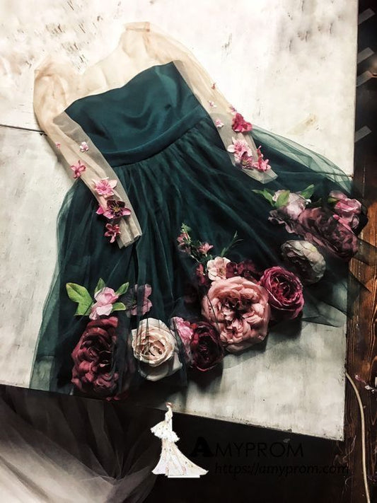 Schickes A-Linien-Heimkehrkleid mit V-Ausschnitt und handgemachten Blumen, einzigartiges kurzes Heimkehrkleid, langärmeliges Heimkehrkleid, cg644