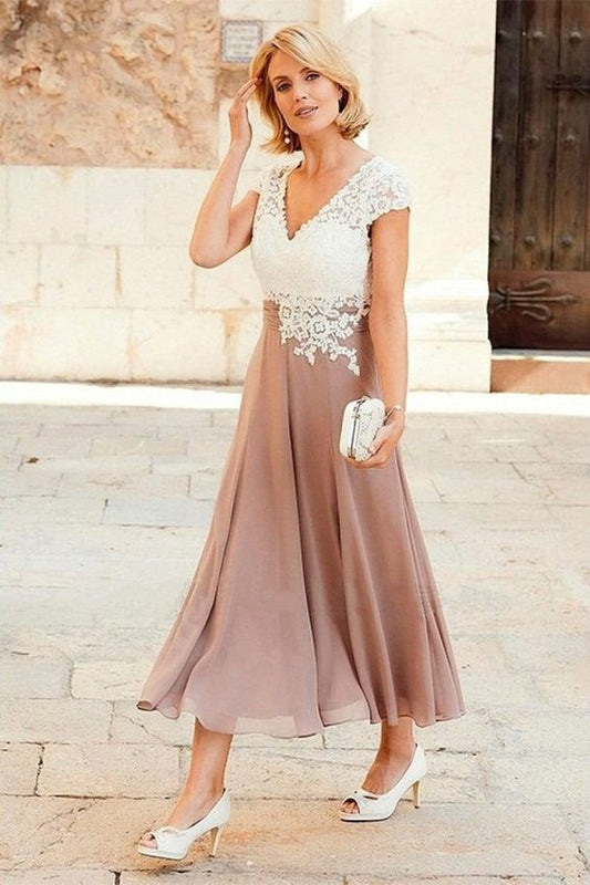 Chiffon-Ballkleid mit V-Ausschnitt und Flügelärmeln für die Brautmutter aus Spitze, cg6446