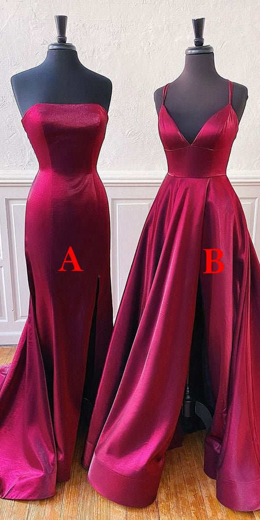 A-Linie Burgunder Satin Langes Schlichtes Ballkleid cg6455