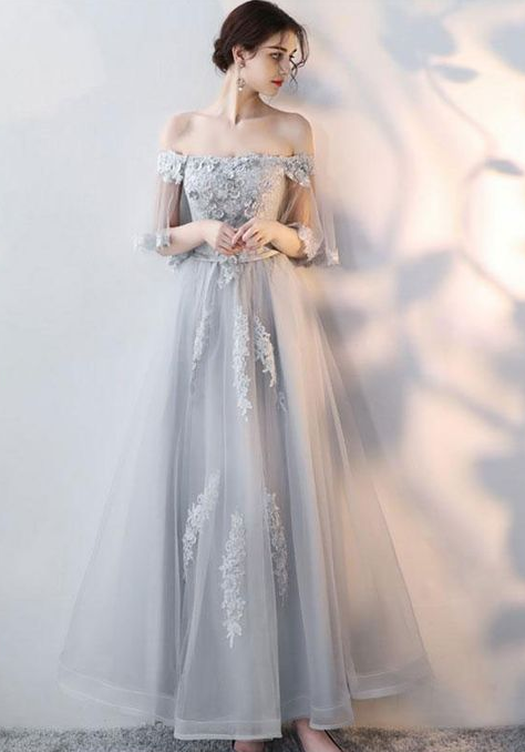 Gray tulle lace long prom dress, lace evening dress cg6457