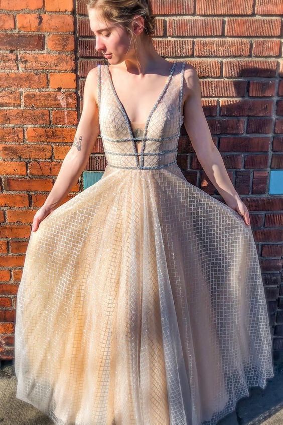 A-line Champagne Sequins Long Formal prom Dress cg6460